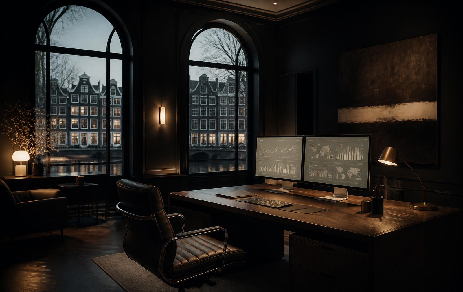 Quiet Amsterdam agency office at dusk with performance dashboards on screen